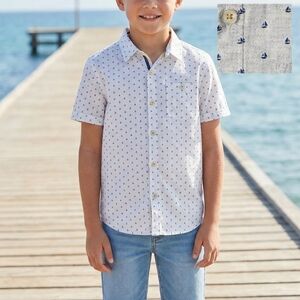Cactus Boys Button-Up Shirt Size 11/12 White Blue Sailboat Print 100% Cotton